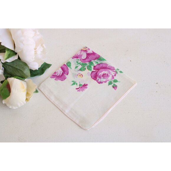 Vintage 1950s Cotton Handkerchief Floral Print, Pink Purple Roses Hankie - Picture 2 of 10